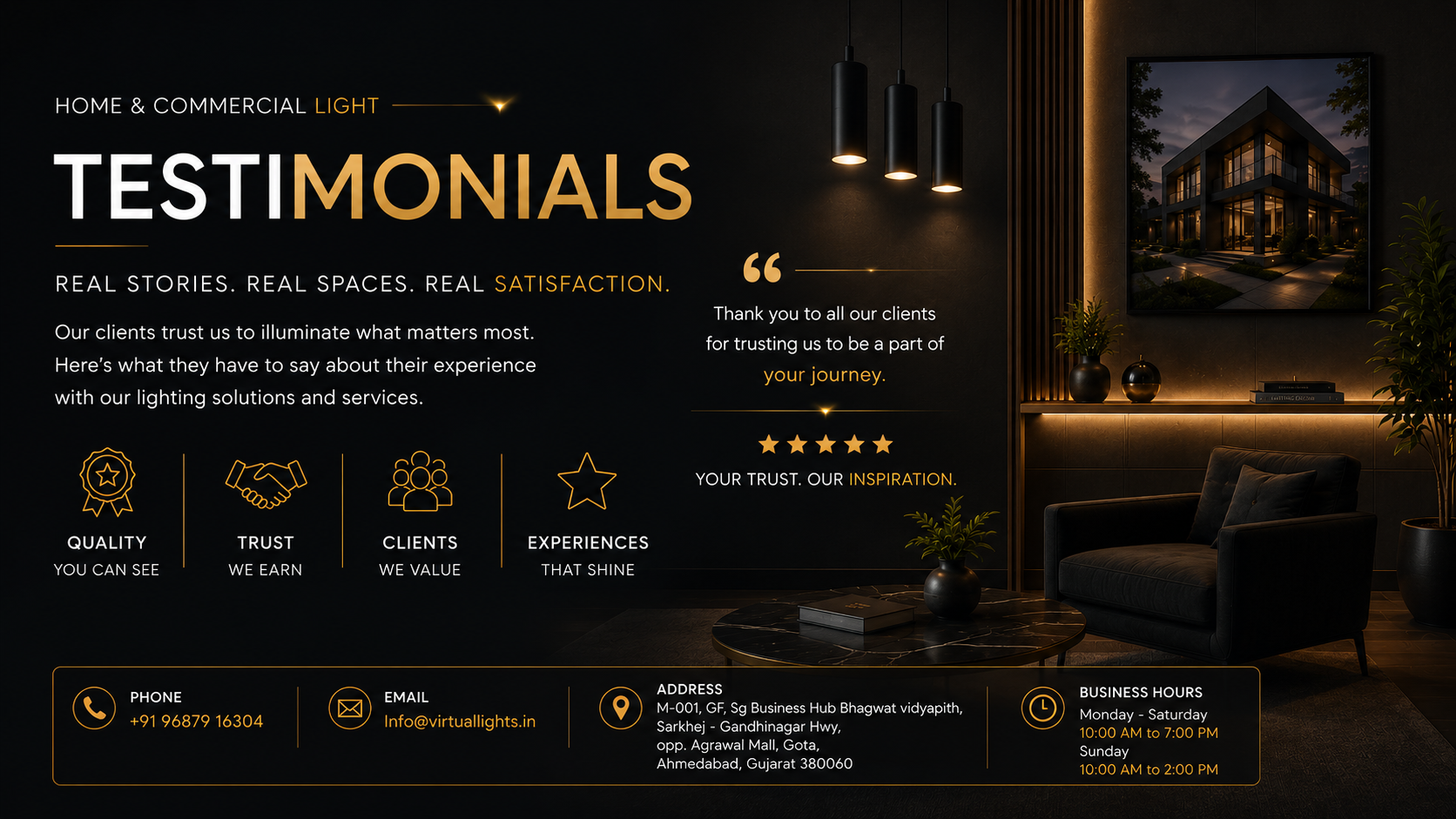 Virtual Lights testimonials - real stories, real spaces, real satisfaction from clients nationwide